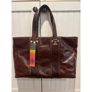 NWT Tory Burch Women's T Monogram-Embossed Nord‎ Anniversary E/W Tote OS Brown